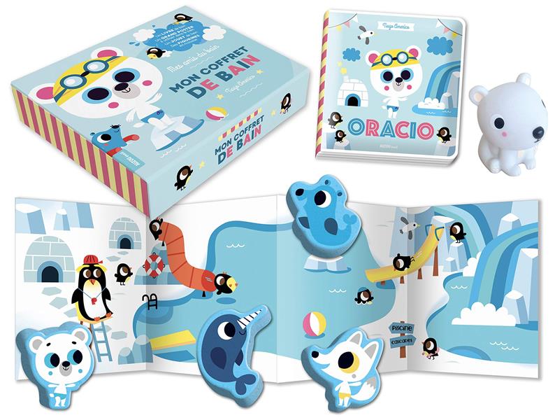 Mon coffret de bain. Un livre de bain, un grand poster à utiliser dans le bain, un jouet de bain, de
