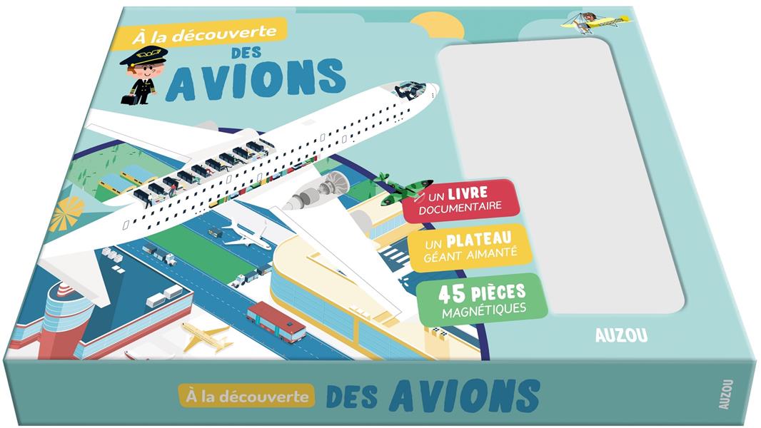 A la découverte des avions. Coffret avec un livre documentaire, un plateau géant aimanté, 45 pièces
