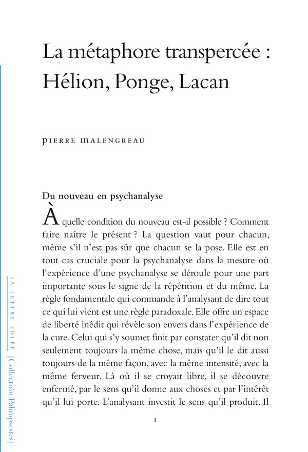 La Métaphore transpercée. Hélion, Ponge, Lacan
