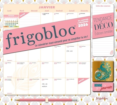 Frigobloc Mensuel Tendance Déco. Avec 1 crayon et 2 aimants, Edition 2026
