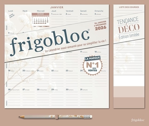 Frigobloc mensuel tendance déco beige. Avec un crayon, Edition 2026