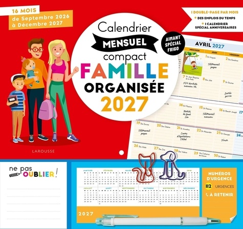 Calendrier mensuel compact famille organisée. Avec 1 stylo et 2 trombones, Edition 2026-2027