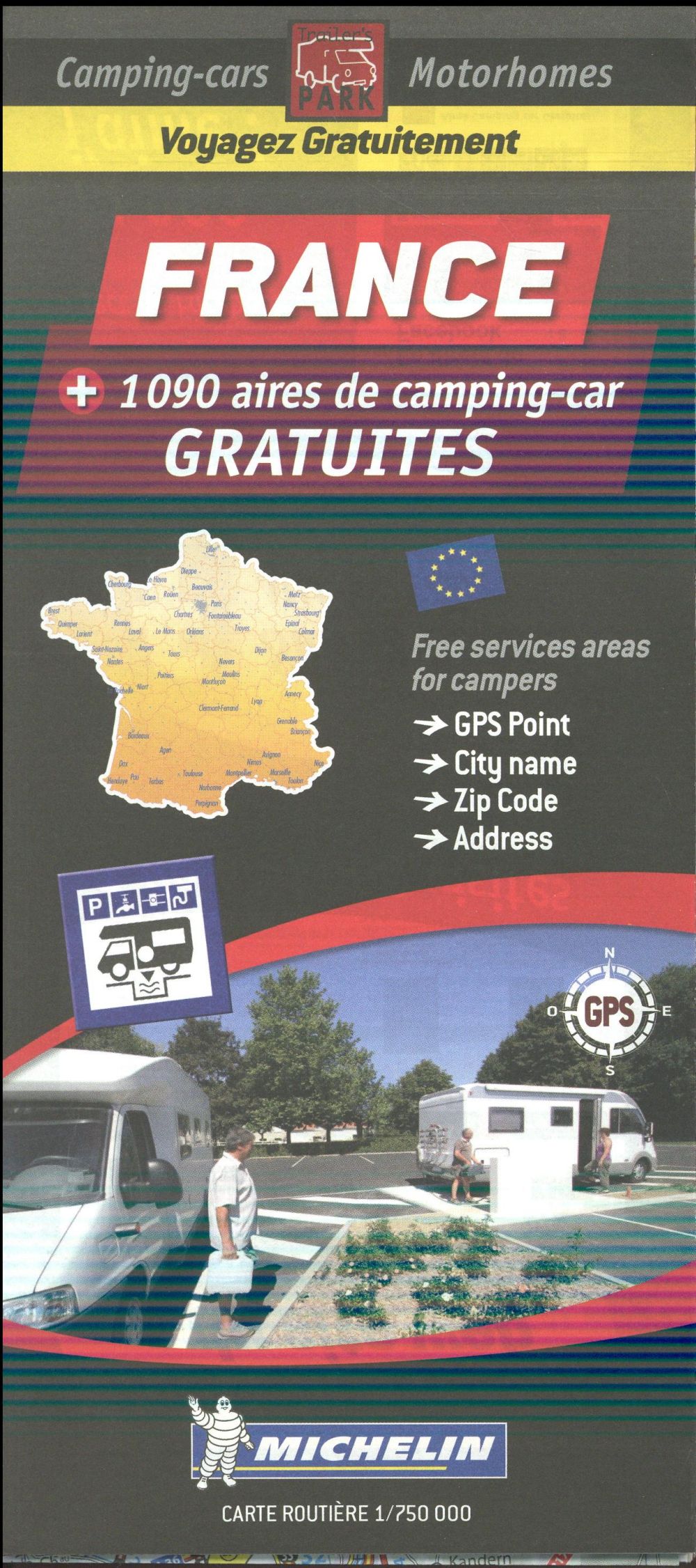 France. 1090 aires de camping-car gratuites. 1/750 000