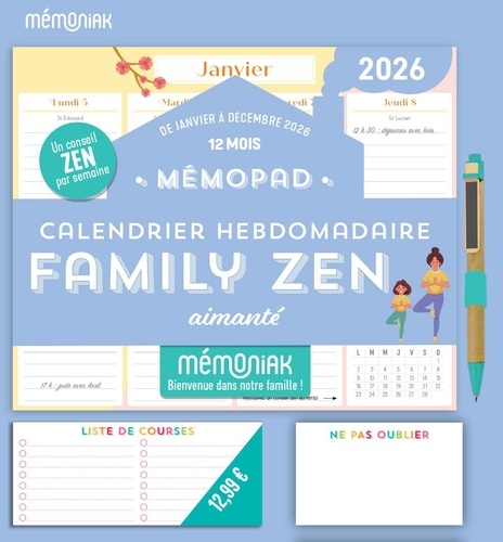 Mémopad Calendrier hebdomadaire Family Zen aimanté. Avec 1 stylo aimanté, Edition 2026
