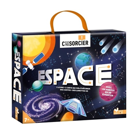 Espace. Coffret avec 1 livre, 1 carte du ciel à décorer, des lunettes 3D et 1 mobile en 3D à monter