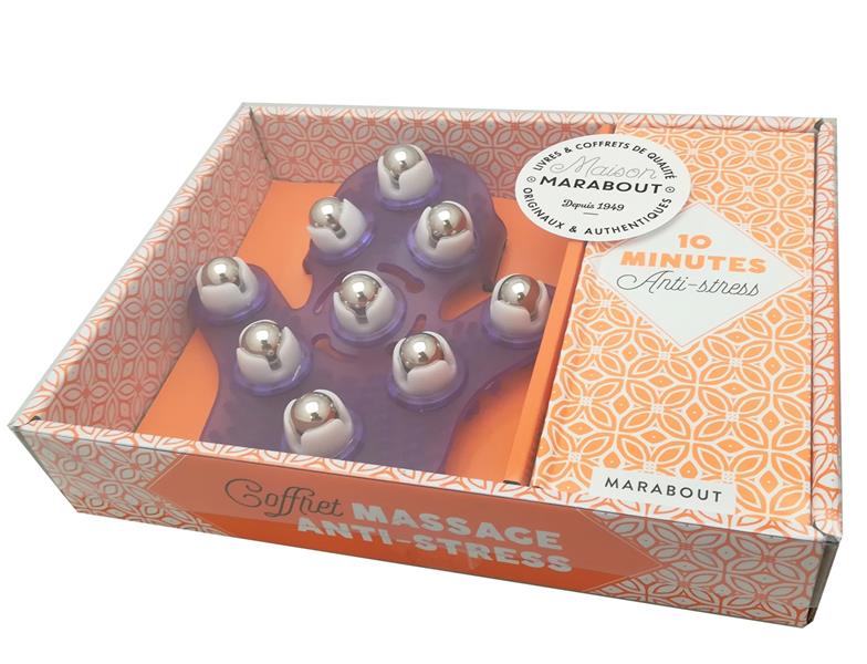 Coffret Massage anti-stress. Contient 1 livre et 1 gant de massage à billes