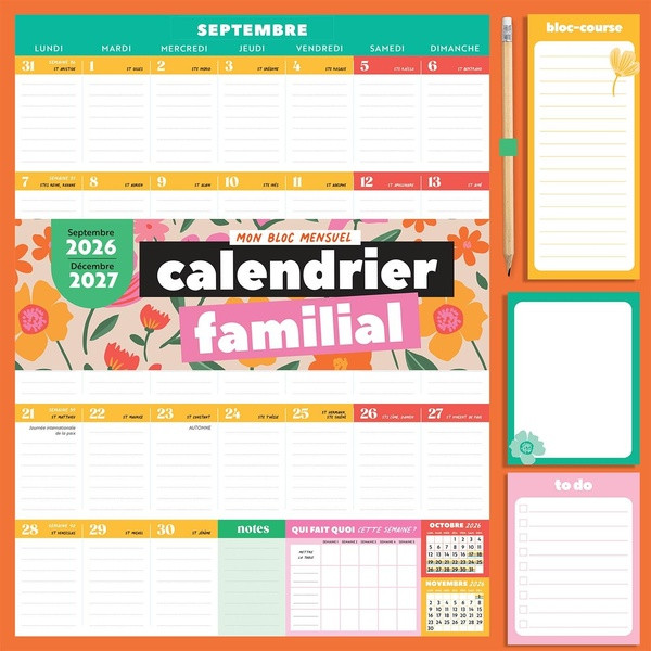 Calendrier familial. Mon bloc mensuel. Septembre 2026 - Décembre 2027