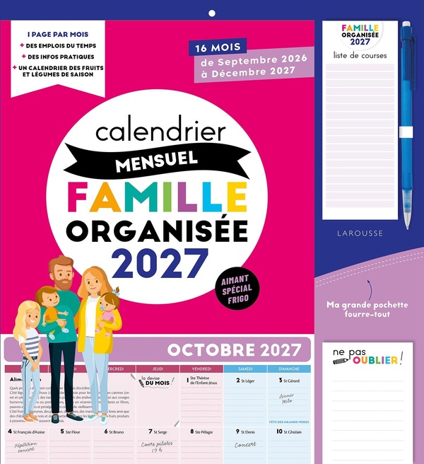 Calendrier mensuel famille organisée. Avec 1 crayon, Edition 2027