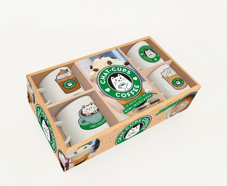 Chat-cups coffee. Coffret avec 4 mini-tasses et 1 livret de recettes de mini-mug cakes