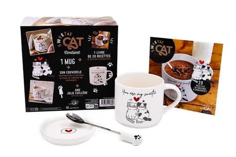 Sweetie Cat blanc. Coffret avec 1 mug et son couvercle, 1 jolie cuillère et 1 livre de recettes