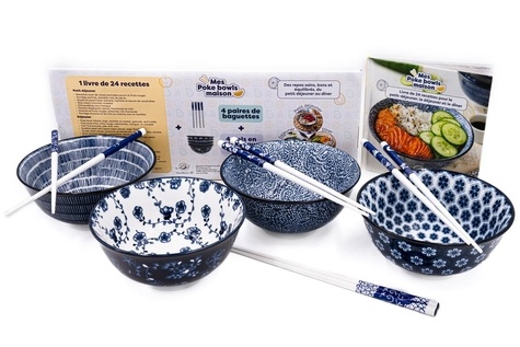 Mes poke bowls maison. Coffret avec 4 bols en céramiques, 4 paires de baguettes et 1 livre de 24 rec