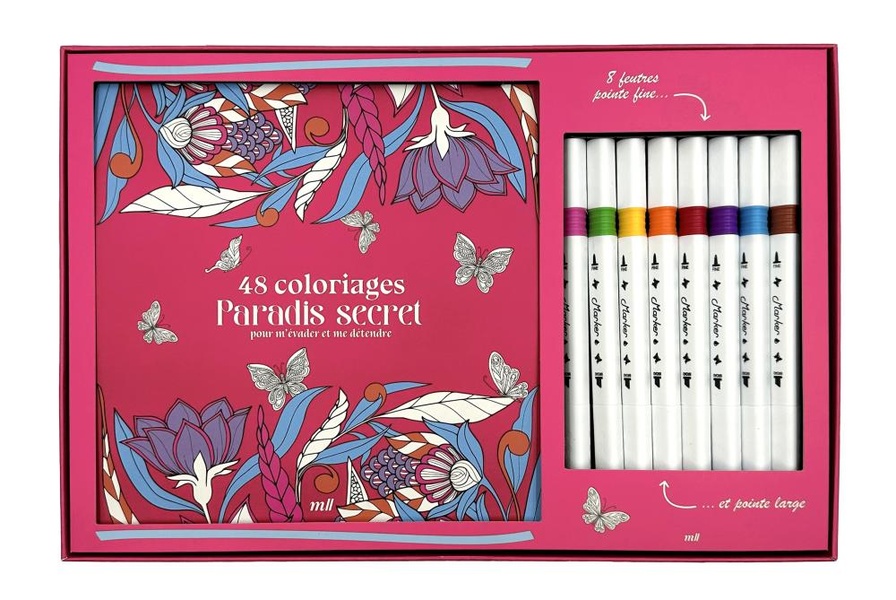 48 coloriages Paradis secret pour m'évader et me détendre. Coffret avec un carnet à colorier avec de
