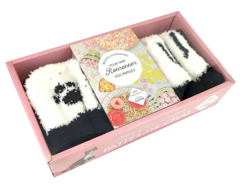 Coffret Mes chaussettes pattes de chat. Avec 1 paire de chaussettes chat et 1 livret de recettes gou