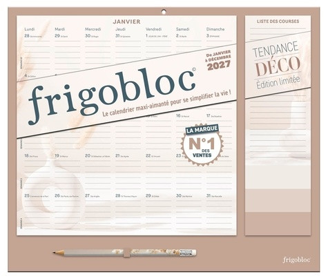 Frigobloc Mensuel Tendance déco Beige. Avec 1 crayon, Edition 2027