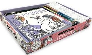 Licorne. Coffret avec 1 carnet de coloriage, 5 marque-pages à colorier, 3 cartes à gratter, 4 crayon