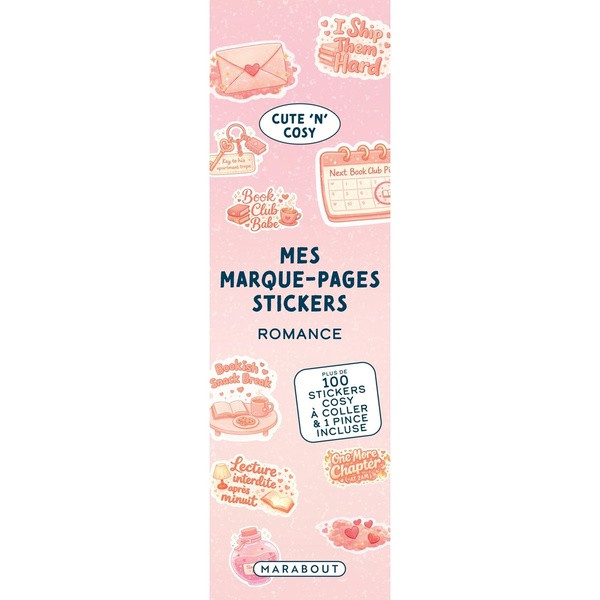 Mes marque-pages stickers Romance. Plus de 100 stickers cosy à coller & 1 pince incluse