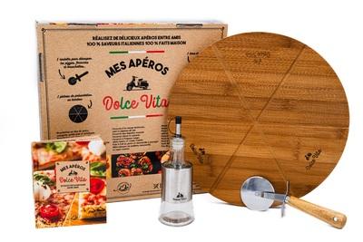 Mes apéros dolce vita. Coffret avec 1 bouteille 200 ml, 1 plateau de présentation en bambou, 1 livre