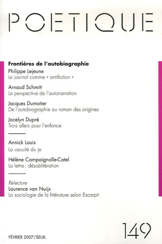 Poétique N° 149, Février 2007 : Frontières de l'autobiographie
