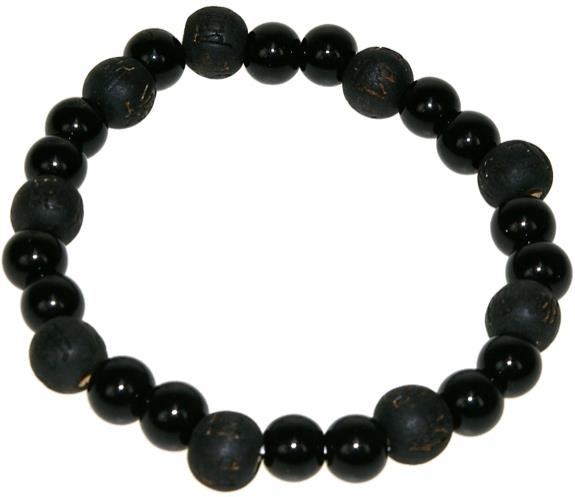 BRACELET ONYX PERLES RONDES 8 MM ET PERLES BOIS TEINTE NOIR 1 CM