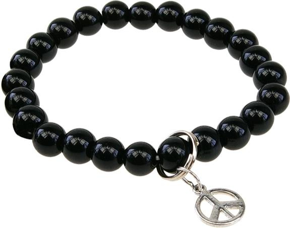 BRACELET ONYX PERLES RONDES 8 MM ET BRELOQUE SYMBOLE PAIX