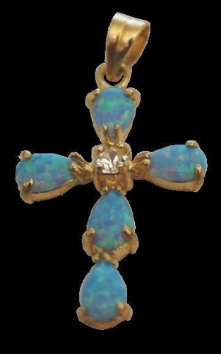 CROIX OR - OPALE BLEUE ET ZIRCONIUM