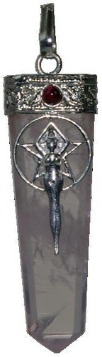 Pendentif pointe Quartz rose pentacle et déesse