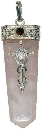 Pendentif pointe Quartz rose pentacle et croix
