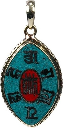 PENDENTIF KALACHAKRA OVALE CORAIL ET TURQUOISE