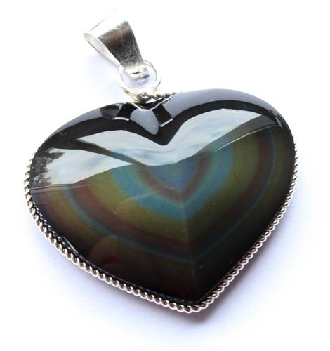 PENDENTIF COEUR OBSIDIENNE OEIL CELESTE - QUALITE AAA - MONTURE TORSADEE