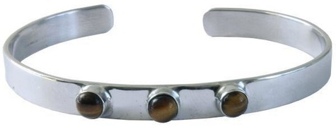 jonc metal argente avec 3 pierres d'oeil de tigre