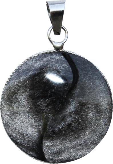 PENDENTIF OBSIDIENNE ARGENTEE FORME RONDE