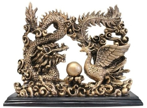 DRAGON ET PHOENIX EN RESINE DOREE 23 CM