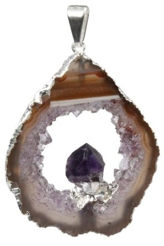 PENDENTIF ARGENTE - GEODE D' AGATE AVEC POINTE AMETHYSTE