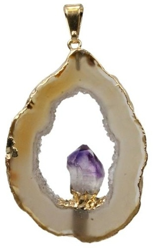 PENDENTIF DORE - GEODE D' AGATE AVEC POINTE AMETHYSTE