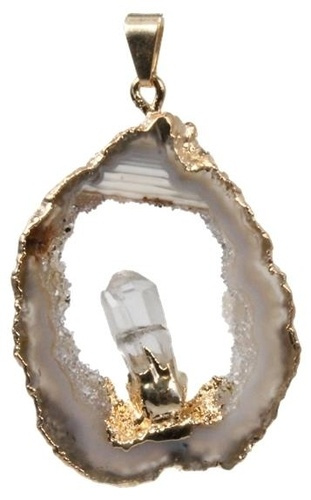 PENDENTIF DORE - GEODE D' AGATE AVEC POINTE CRISTAL DE ROCHE
