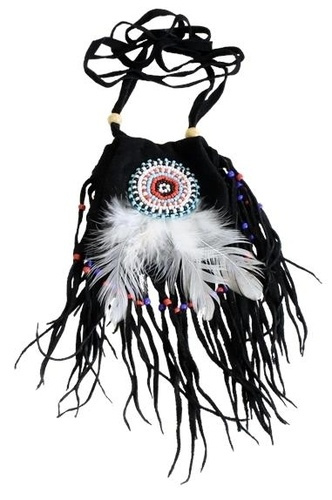 MEDICINE BAG TAILLE PORTE-MONNAIE EN DAIM PERLES & PLUMES