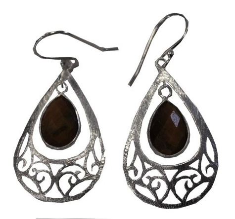 BOUCLES D'OREILLES STYLE BAROQUE EN ARGENT - GOUTTE D'OEIL DE TIGRE