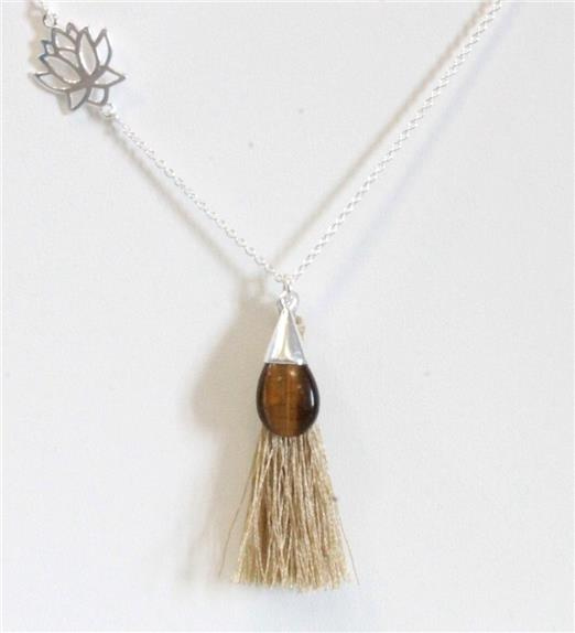 COLLIER GOUTTE OEIL DE TIGRE FLEUR DE VIE ET POMPON - ARGENT 925