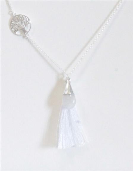 COLLIER GOUTTE PIERRE DE LUNE ARBRE DE VIE ET POMPON - ARGENT 925