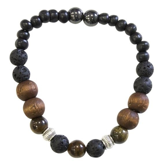 BRACELET H PIERRE DE LAVE, BOIS, OEIL DE TIGRE, HEMATITE PERLES RONDES