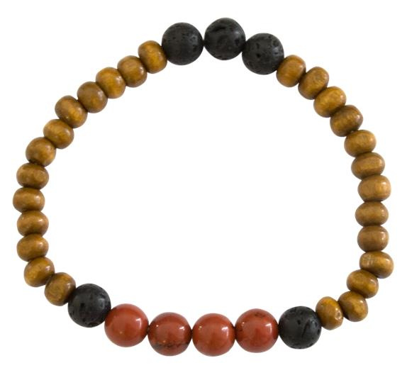BRACELET H BOIS, JASPE ROUGE ET PIERRE DE LAVE PERLES RONDES 8 MM