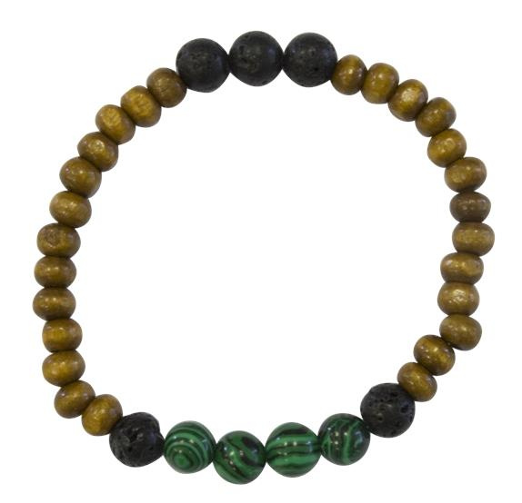 BRACELET H BOIS, MALACHITE ET PIERRE DE LAVE PERLES RONDES 8 MM