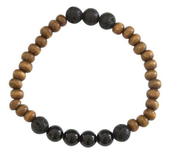 BRACELET H BOIS, TOURMALINE ET PIERRE DE LAVE PERLES RONDES 8 MM