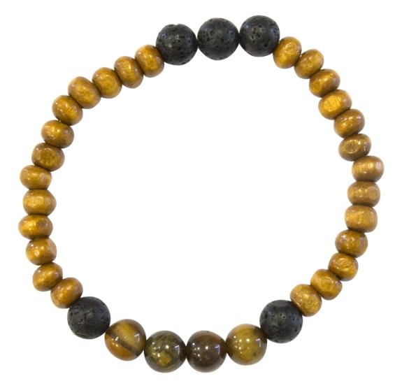 BRACELET H BOIS, OEIL DE TIGRE ET PIERRE DE LAVE PERLES RONDES 8 MM