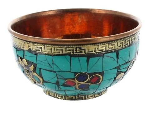 BOL D'OFFRANDES EN METAL TURQUOISE ET CORAIL ROUGE