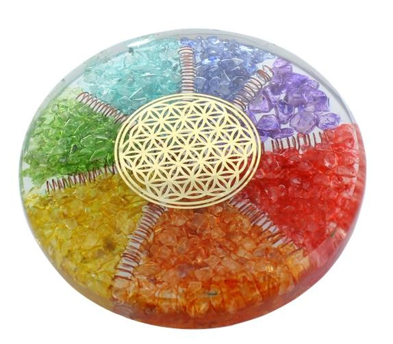 SOUS VERRE ORGONITE 7 CHAKRAS AVEC SYMBOLE FLEUR DE VIE