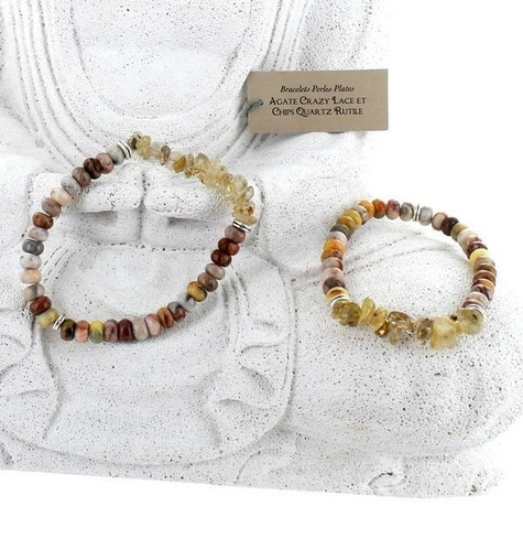 bracelet agate crazy lace perles plates et quartz rutile chips