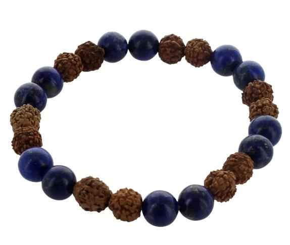 BRACELET H LAPIS LAZULI ET RUDRAKSHA PERLES RONDES 8 MM