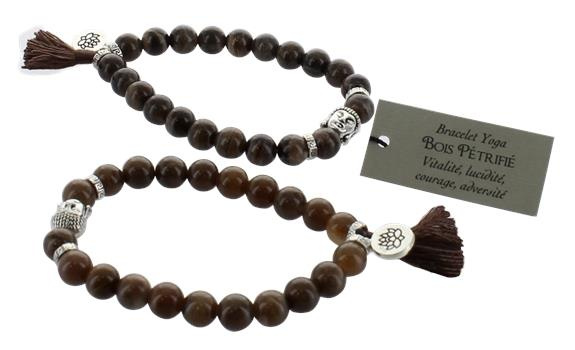 BRACELET BOIS PETRIFIE PERLES RONDES 8 MM POMPON ET LOTUS