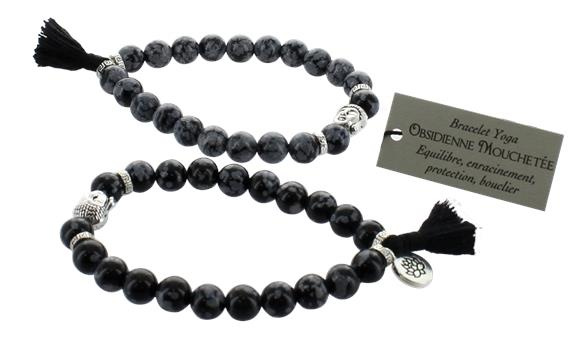 BRACELET OBSIDIENNE MOUCHETEE PERLES RONDES 8 MM POMPON ET LOTUS